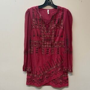 Free People Red Embroidered Long Sleeve Dress